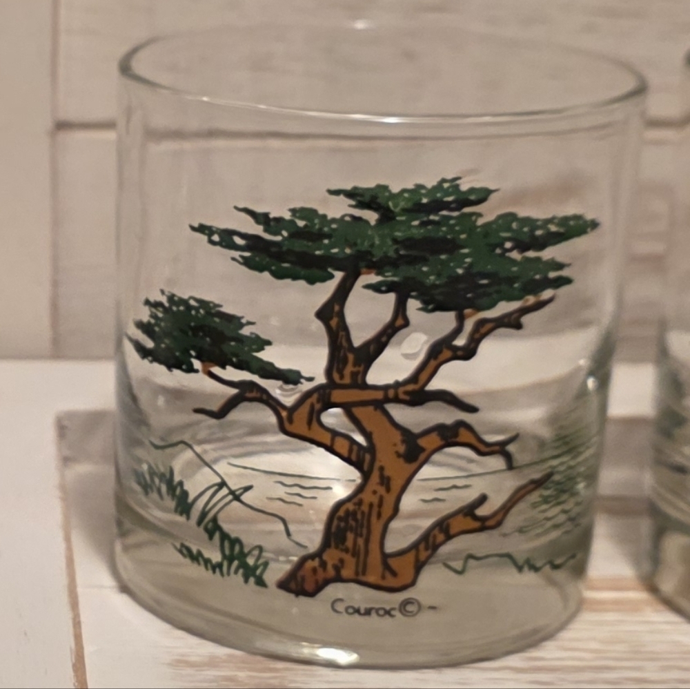 Vintage Couroc of Monterey "Lone Cypress" Lowball Glasses, Set Of 4